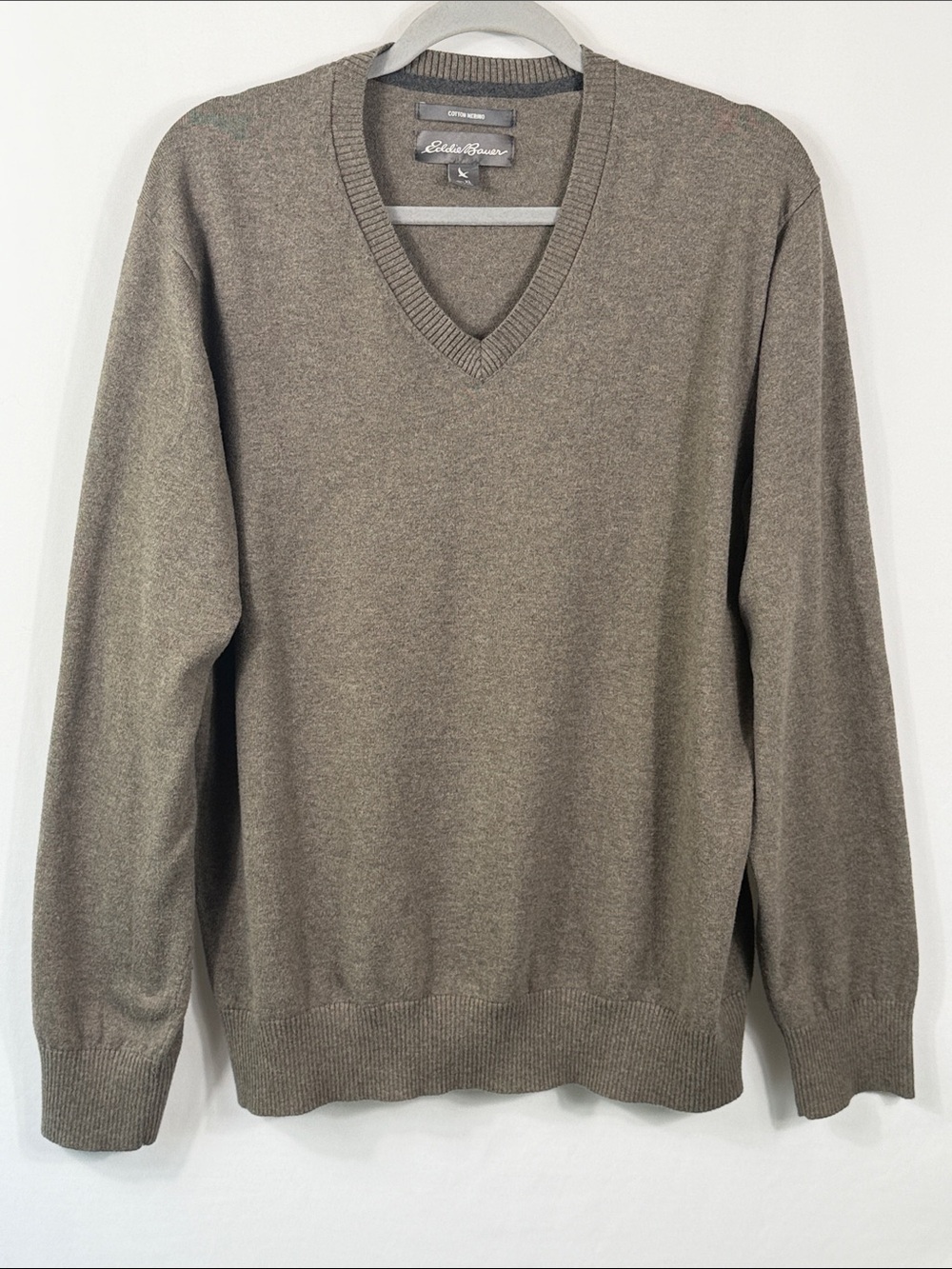 Eddie Bauer Cotton Merino Men's V-Neck Sweater in Olive Brown Soft & Preppy XL